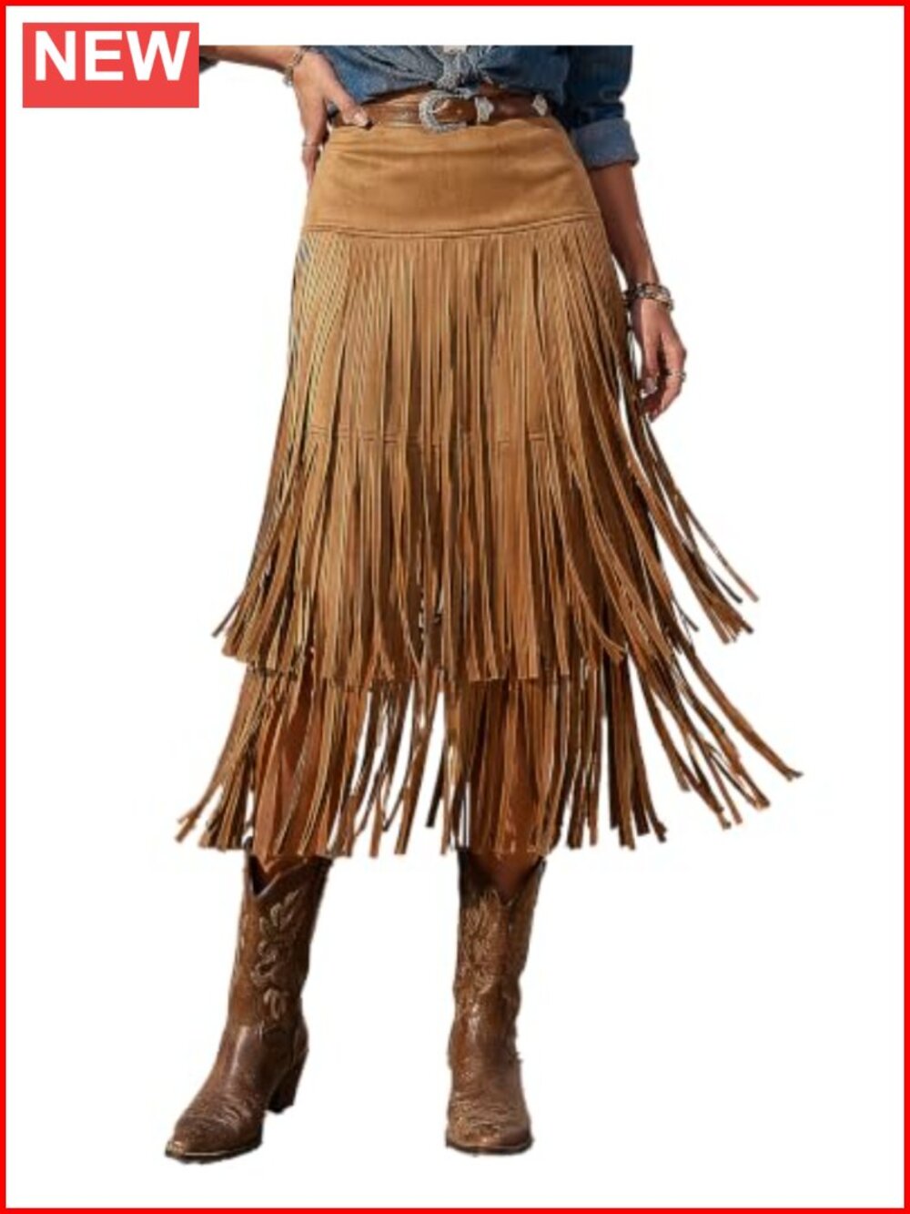 Women's Faux Suede Fringe Midi Cowgirl Skirt Western